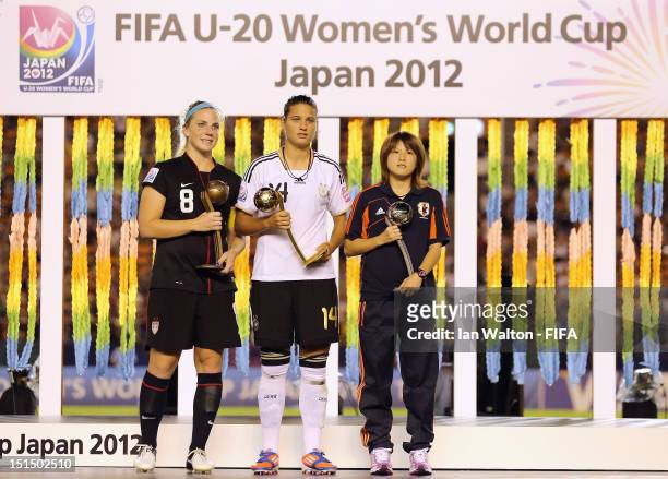 Julie Johnston of the USA wins the adidas Bronze Ball, Dzsenifer Marozsan of Germany wins the adidas Golden Ball and Hanae Shibata of Japan wins the...