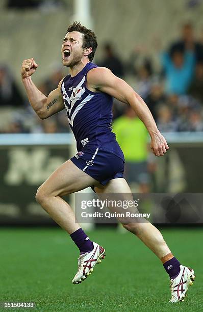 Hayden Ballantyne of the Dockers celebrates kicking a goal during the Second AFL Elimination Final match between the Geelong Cats and the Fremantle...