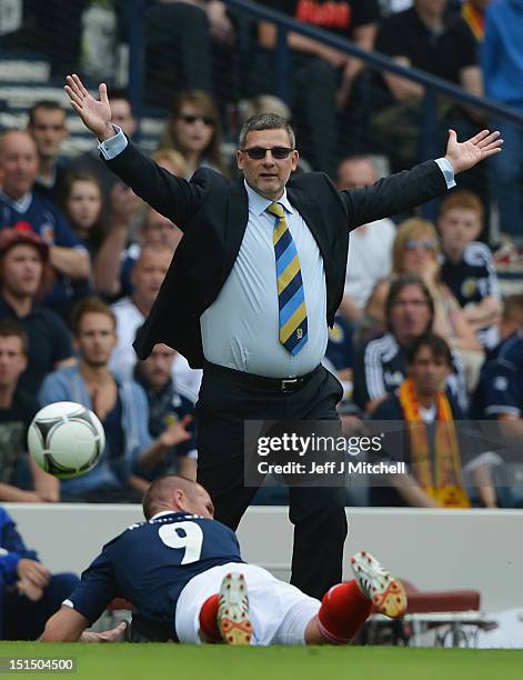 Craig Levein, coach of Scotland, reacts during the FIFA 2014 World Cup Qualifier at Hampden Park between Scotland and Serbia on September 8, 2012 in...