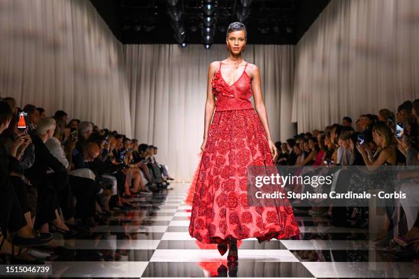 Leila Nda walks the runway during the Giorgio Armani Privé Haute Couture Fall/Winter 2023/2024 show as part of Paris Fashion Week on July 04, 2023 in...