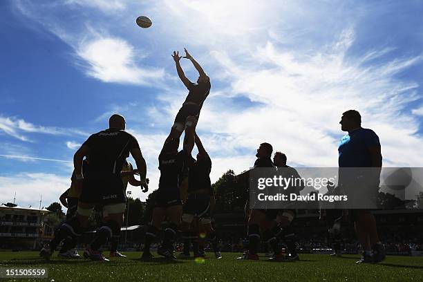 Silhouette of the Bath team practicing their lineouts prior to the Aviva Premiership match between Bath and London Wasps at the Recreation Ground on...