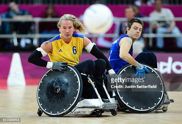 September 8: Tobias Sandberg of Sweden in action during the Mixed Wheelchair Rugby - Open classification match between Sweden and France on Day 10 of...
