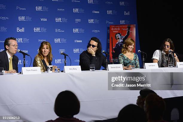 Moderator Thom Powers, director Amy Berg, prodcuer Damien Echols, producer Lorri Davis and actor Johnny Depp speak onstage at the "West of Memphis"...