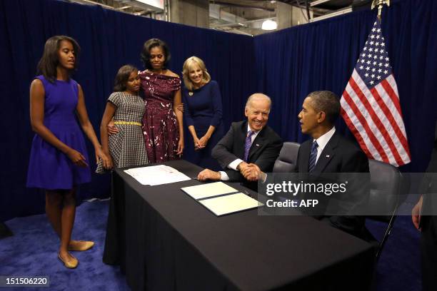 President Barack Obama and US Vice President Joe Biden shake hands after signing the official papers as candidates for President and Vice President,...