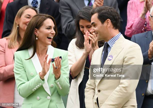 Catherine, Princess of Wales and Roger Federer in the Royal Box on day two of the Wimbledon Tennis Championships at All England Lawn Tennis and...