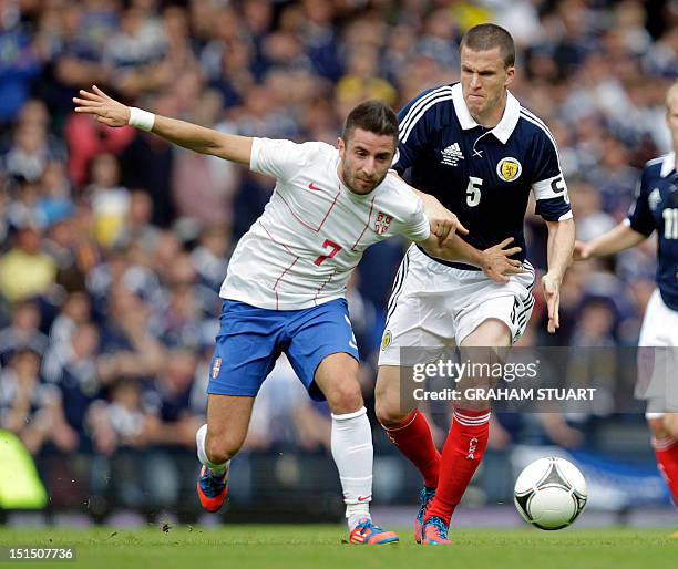 Scotland's Gary Caldwell vies with Serbia's Zoran Toscic in a FIFA 2014 World Cup, group A, qualifying football match at Hampden Park, Glasgow,...