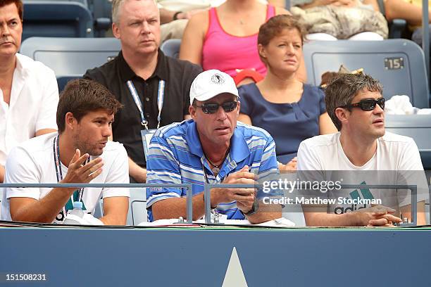 Daniel Vallverdu, coach Ivan Lendl and Andy Ireland watch the men's singles semifinal match between Andy Murray of Great Britain and Tomas Berdych of...