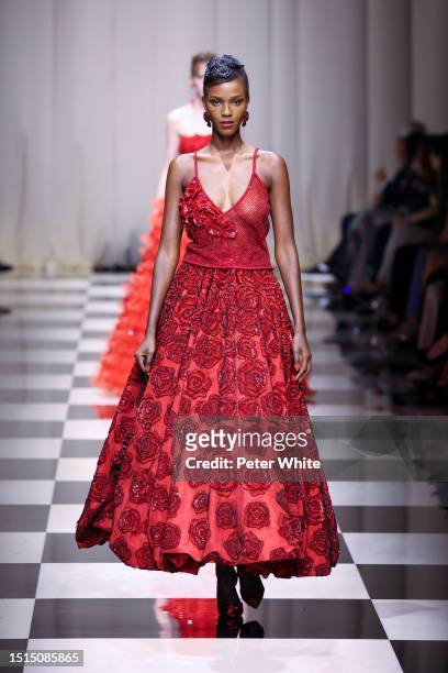 Leila Nda walks the runway during the Giorgio Armani Privé Haute Couture Fall/Winter 2023/2024 show as part of Paris Fashion Week on July 04, 2023 in...