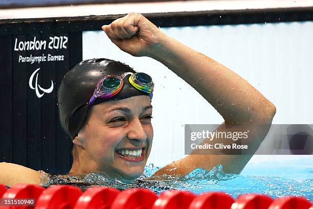 Victoria Arlen of the United States celebrates after winning gold in the Women's 100m Freestyle - S6 final on day 10 of the London 2012 Paralympic...