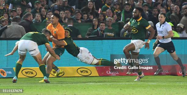 Australia with possession during the Rugby Championship match between South Africa and Australia at Loftus Versfeld Stadium on July 08, 2023 in...