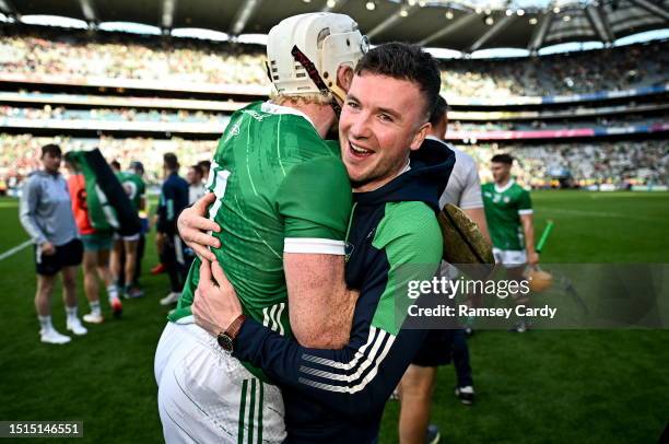 Dublin , Ireland - 8 July 2023; Declan Hannon, right, and Cian Lynch of Limerick after the GAA Hurling All-Ireland Senior Championship semi-final...