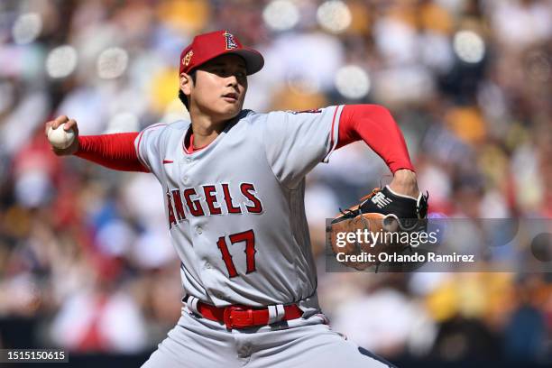 Shohei Ohtani of the Los Angeles Angels pitches during the first inning against the San Diego Padres at PETCO Park on July 04, 2023 in San Diego,...