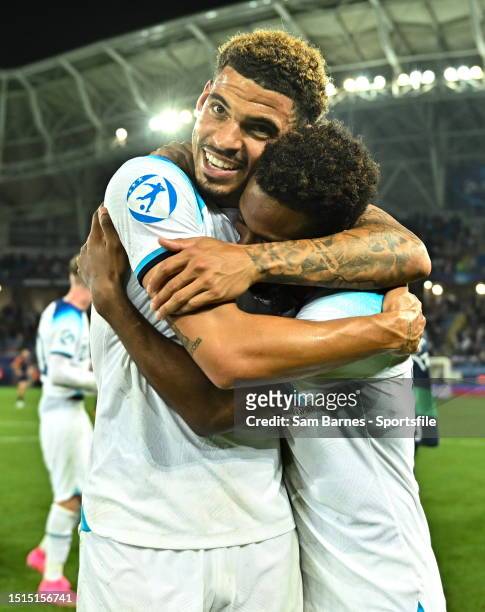 Morgan Gibbs-White and Angel Gomes of England celebrate after the UEFA Under-21 EURO 2023 Final match between England and Spain at the Batumi Arena...