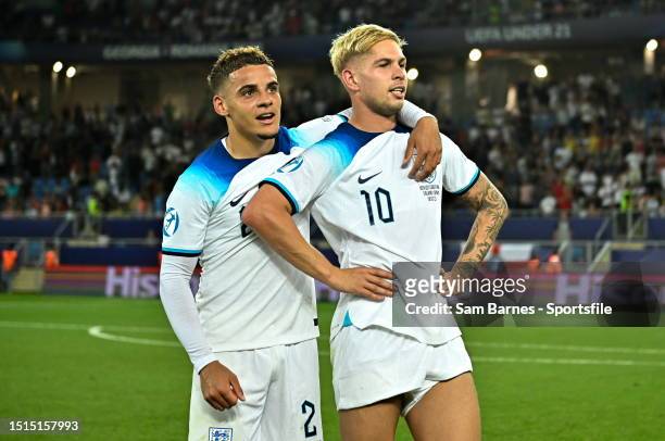Max Aarons, left, and Emile Smith Rowe of England after the UEFA Under-21 EURO 2023 Final match between England and Spain at the Batumi Arena on July...