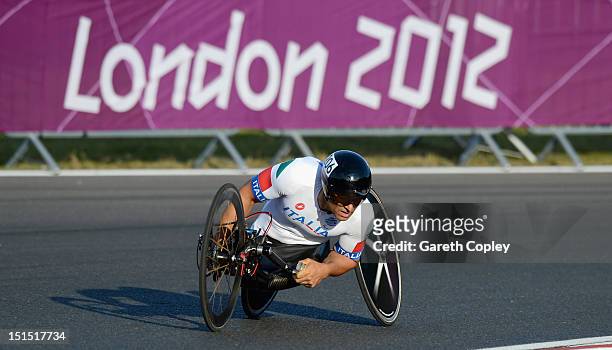 Alessandro Zanardi of Italy competes in the Mixed H 1-4 relay on day 10 of the London 2012 Paralympic Games at Brands Hatch on September 8, 2012 in...