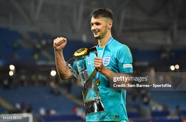 England goalkeeper James Trafford with the trophy after the UEFA Under-21 EURO 2023 Final match between England and Spain at the Batumi Arena on July...