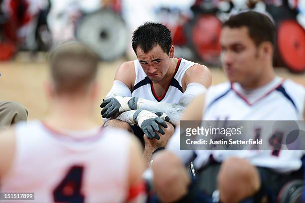 Chuck Aoki of the United States reacts after losing the Mixed Wheelchair Rugby - Open semi-final match between the United States and Canada on Day 10...
