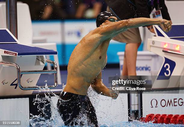 Oleksil Fedyna of Ukraine celebrates after winning the gold medal in the Men's 100m Breaststroke - SB13 final on day 10 of the London 2012 Paralympic...