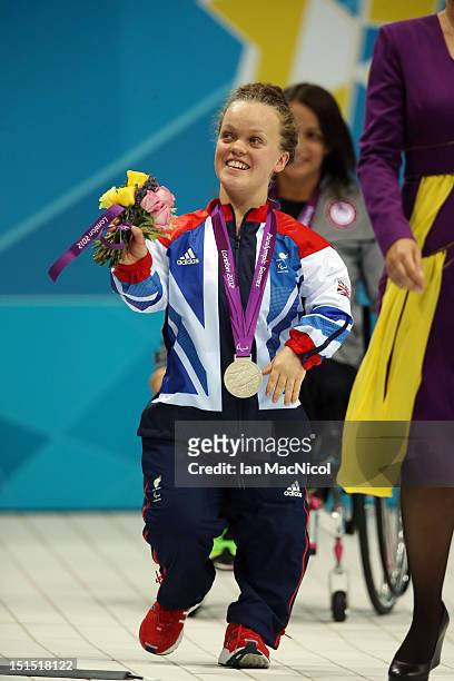 Eleanor Simmonds of Great Britain with her silver medal from the Women's 100m Freestyle -S6 Final, on day ten of the London 2012 Paralympic Games at...