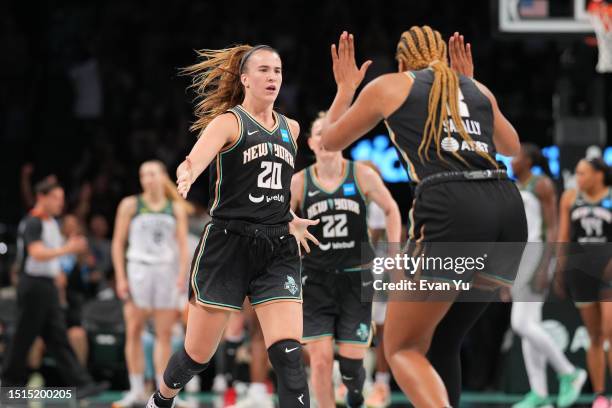 Sabrina Ionescu of the New York Liberty celebrates during the game against the Seattle Storm on July 8, 2023 in Brooklyn, New York. NOTE TO USER:...