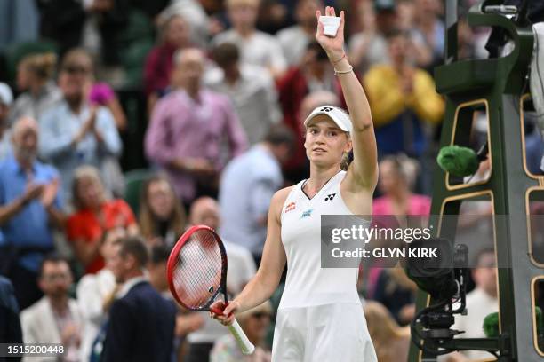 Kazakhstan's Elena Rybakina celebrates beating Britain's Katie Boulter during their women's singles tennis match on the sixth day of the 2023...