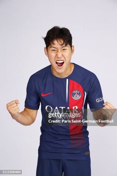 New signing Lee Kang-in poses after signing for Paris Saint-Germain on July 8, 2023 in Paris, France.