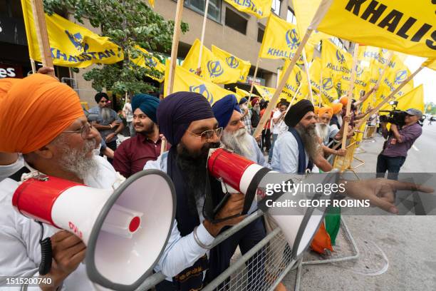 Sikhs protest for the independence of Khalistan in front of the Indian Consulate in Toronto, Canada, on July 8, 2023.