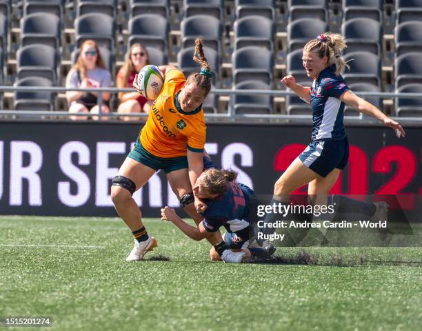 Kate Zackary of U.S. Tackles Ashley Marsters of the Australia Wallaroos in the World Rugby Pacific Four Series at TD Place Stadium on July 8, 2023 in...