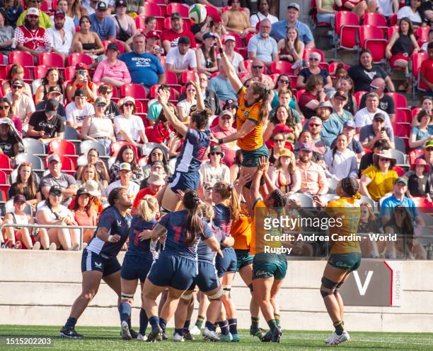 Tahlia Brody of the U.S. Battles for a line-out with Kaitlan Leaney of the Australia Wallaroos in the World Rugby Pacific Four Series at TD Place...
