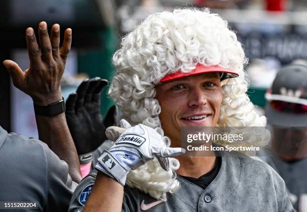 July 08: Washington Nationals center fielder Alex Call celebrates his home run in the dugout during the Texas Rangers versus the Washington Nationals...