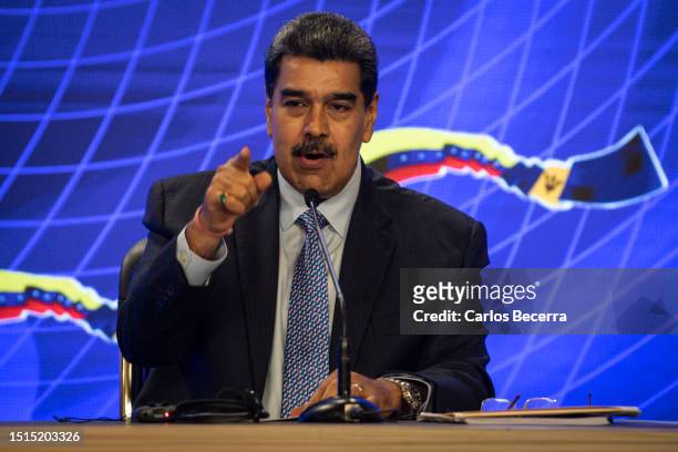 President of Venezuela Nicolas Maduro speaks during a joint speech with Barbados Prime Minister Mia Mottley as part of an official visit at the...