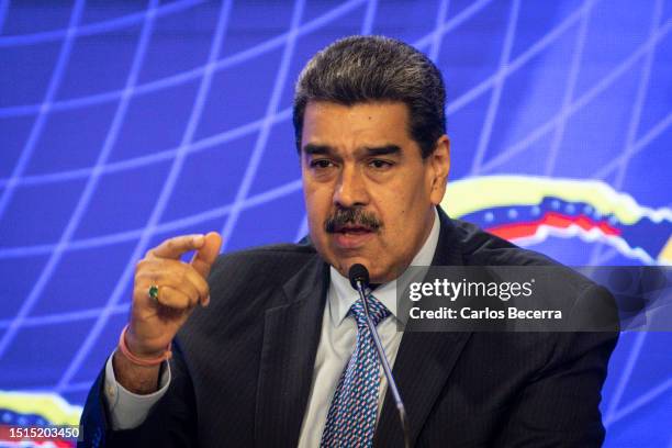 President of Venezuela Nicolas Maduro speaks during a joint speech with Barbados Prime Minister Mia Mottley as part of an official visit at the...