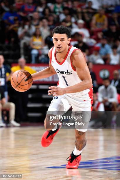 Johnny Davis of the Washington Wizards dribbles the ball during the 2023 NBA Las Vegas Summer League on July 8, 2023 at the Thomas & Mack Center in...