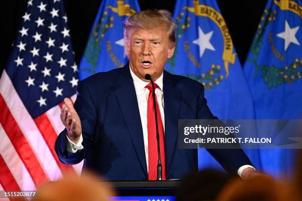 Former US President and 2024 Republican Presidential hopeful Donald Trump speaks at a Republican volunteer recruitment event at Fervent, a Calvary...