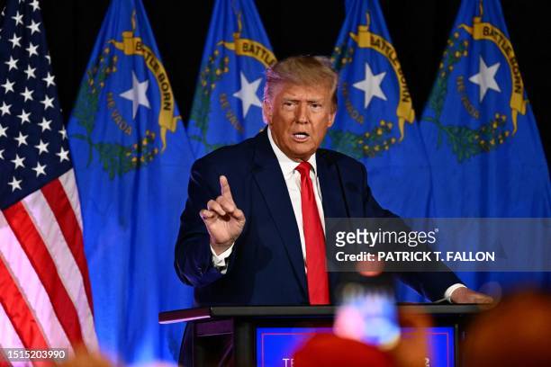 Former US President and 2024 Republican Presidential hopeful Donald Trump speaks at a Republican volunteer recruitment event at Fervent, a Calvary...