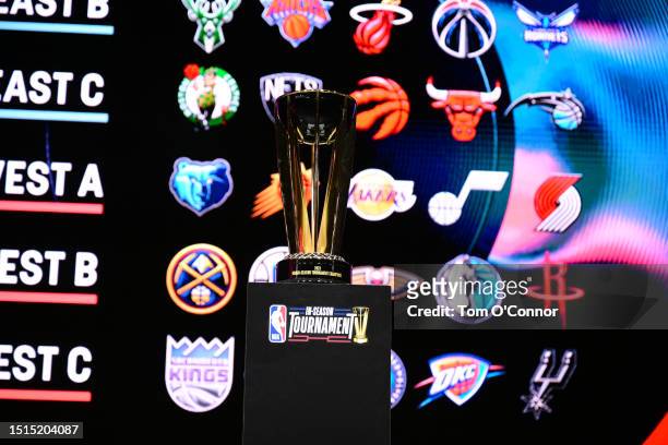 General view of the Championship Trophy for the In Season Tournament at NBA Con as part of the 2023 Las Vegas Summer League on July 8, 2023 at the...