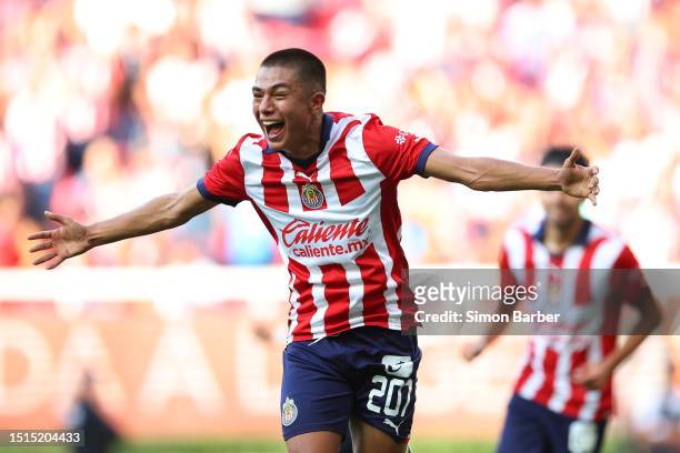 Yael Padilla of Chivas scores the team's first goal during the 2nd round match between Chivas and Atletico San Luis as part of the Torneo Apertura...