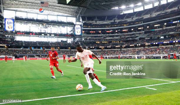 Mohammed Muntari of Qatar controls the ball against Panama during the first half of a 2023 Concacaf Gold Cup Quarterfinals match at AT&T Stadium on...