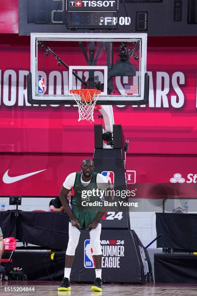 Tacko Fall of the Milwaukee Bucks looks on during the 2023 NBA Las Vegas Summer League on July 8, 2023 at the Cox Pavilion in Las Vegas, Nevada. NOTE...