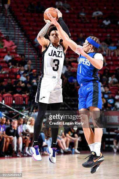 Keyonte George of the Utah Jazz shoots the ball during the 2023 NBA Las Vegas Summer League on July 8, 2023 at the Thomas & Mack Center in Las Vegas,...
