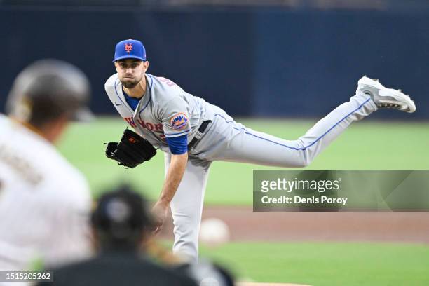 David Peterson of the New York Mets pitches during the first inning of a baseball game against the San Diego Padres at Petco Park on July 8, 2023 in...