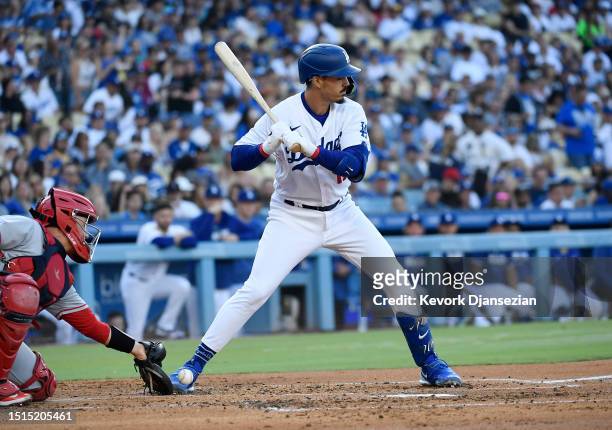 Miguel Vargas of the Los Angeles Dodgers is hit on the foot by a pitch from pitcher Reid Detmers of the Los Angeles Angels during the second inning...