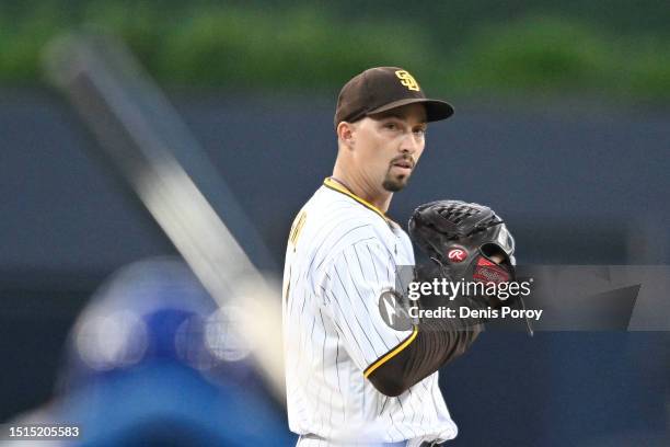 Blake Snell of the San Diego Padres prepares to pitch during the first inning of a baseball game against the New York Mets at Petco Park on July 8,...