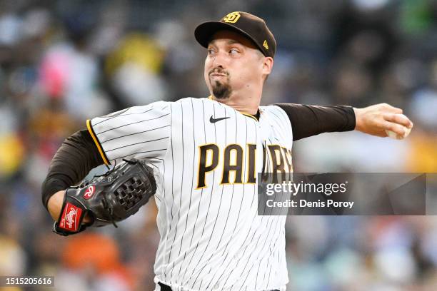 Blake Snell of the San Diego Padres pitches during the second inning of a baseball game against the New York Mets at Petco Park on July 8, 2023 in...