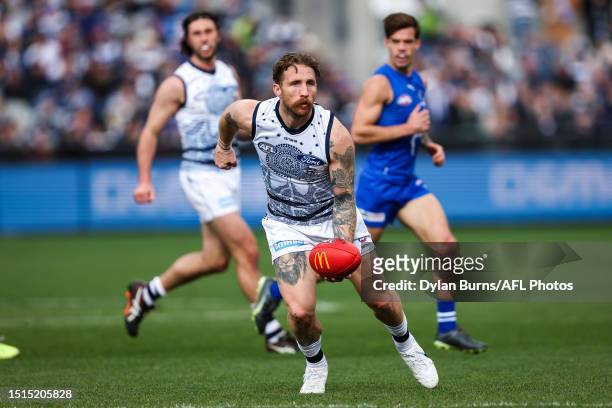 Zach Tuohy of the Cats in action during the 2023 AFL Round 17 match between the Geelong Cats and the North Melbourne Kangaroos at GMHBA Stadium on...