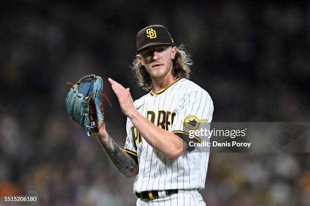 Josh Hader of the San Diego Padres celebrates after getting the final out during the ninth inning of a baseball game against the New York Mets at...