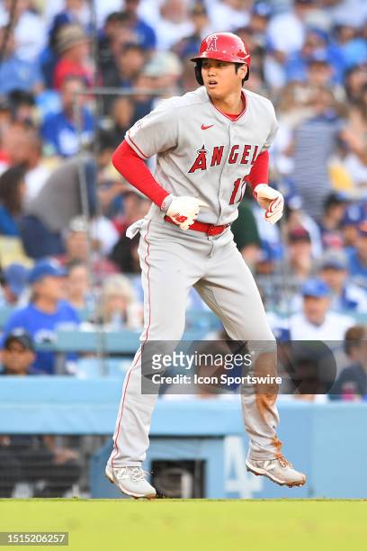 Los Angeles Angels designated hitter Shohei Ohtani takes a lead off third base during the MLB game between the Los Angeles Angels and the Los Angeles...