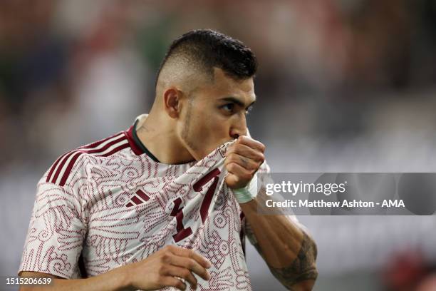 Diego Lainez of Mexico celebrates after scoring a penalty goal to make it 1-1 during the 2023 Concacaf Gold Cup Quarter Final match between Mexico...