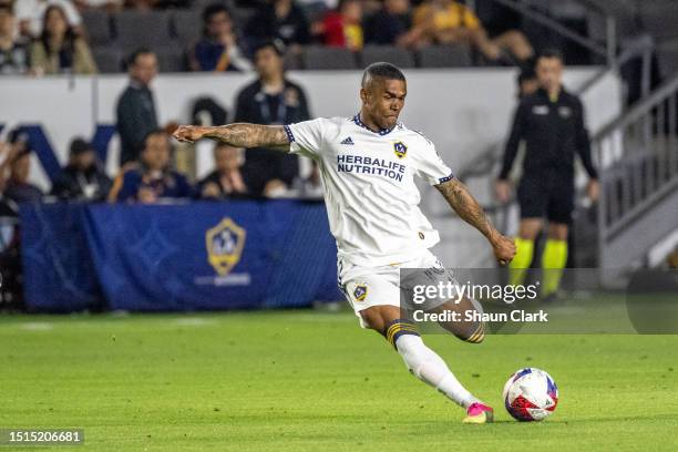 Douglas Costa of Los Angeles Galaxy takes a shot during the match against Philadelphia Union at Dignity Health Sports Park on July 8, 2023 in Los...