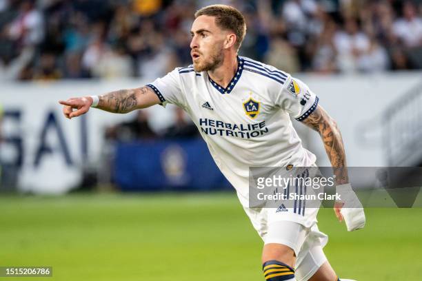 Tyler Boyd of Los Angeles Galaxy scores a celebrates his goal during the match against Philadelphia Union at Dignity Health Sports Park on July 8,...